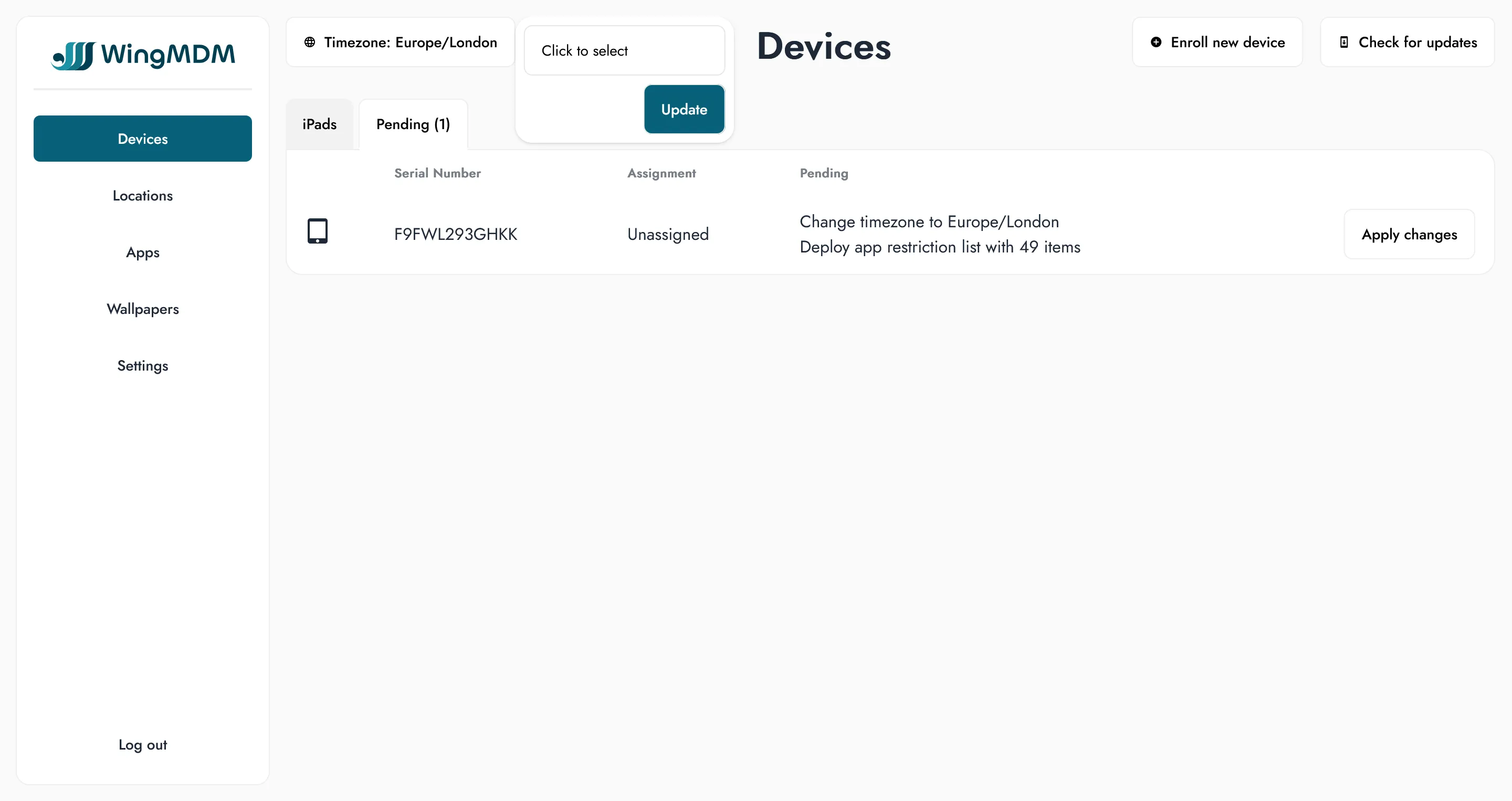 Device timezone selector