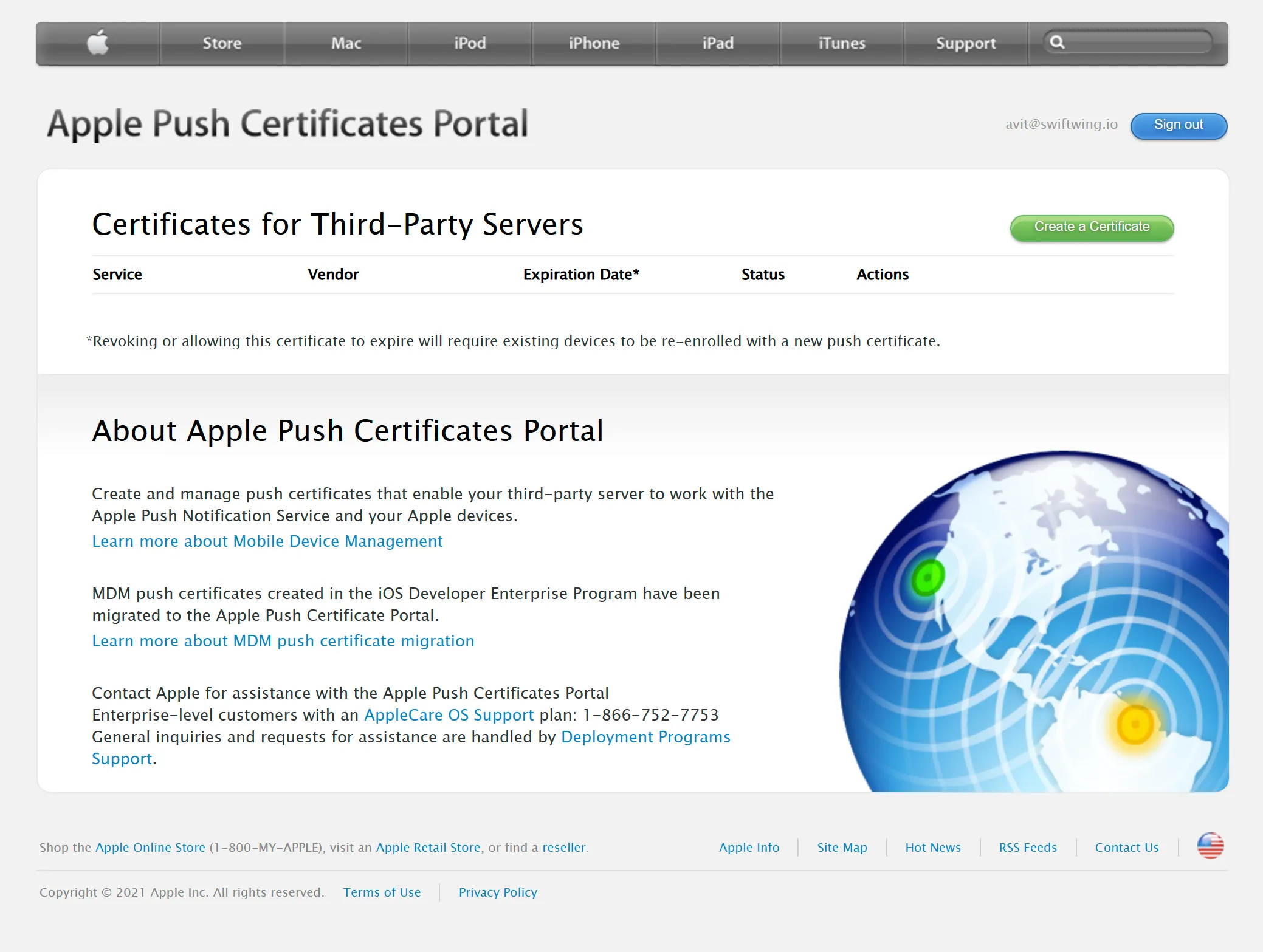 Apple certificate page